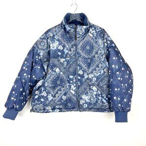 NWT American Eagle Puffer Jacket Women's Size L Blue White Reversible Cropped